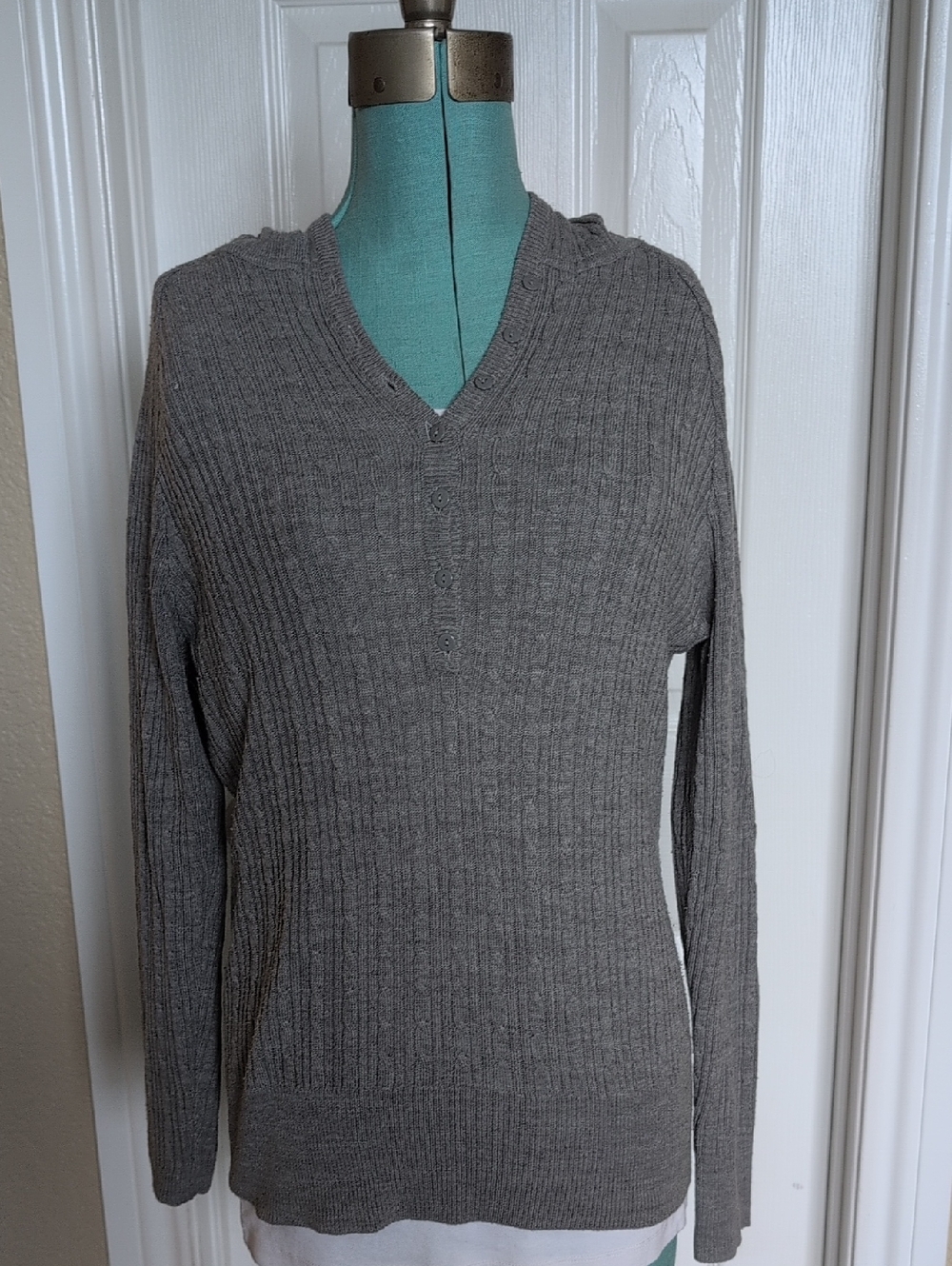 BOGO Hannah Gray Ribbed V-Neck Button-Front Sweater